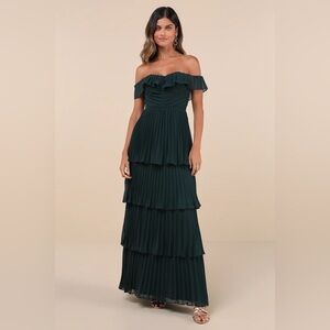 Always Remarkable Emerald Pleated Off-the-Shoulder Maxi Dress